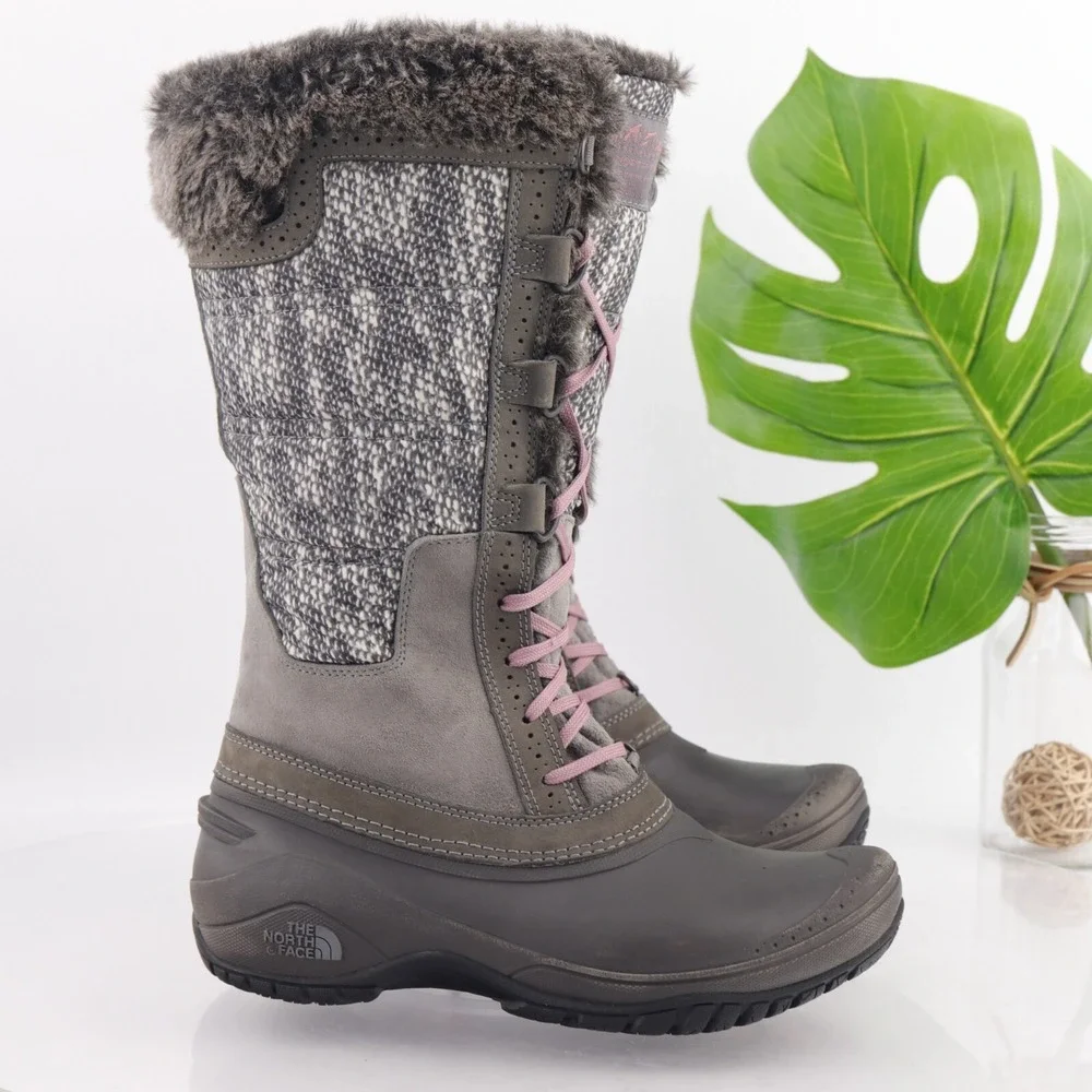 The North Face Womens Shellista Boots Size 8 Tall Waterproof Gray Lace Up Furry